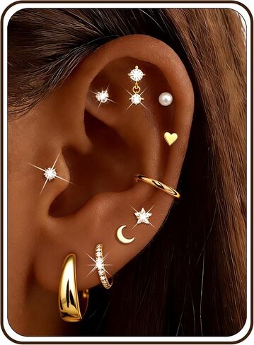 Flat Back Earrings for Women, 10 Pairs 18K Gold Plated Hypoallergenic Earrings for Women,Small Surgical Steel Earrings Cartilage Stud Earring Screw Back Earring Huggie Hoop Earring Sets in Saudi Arabia