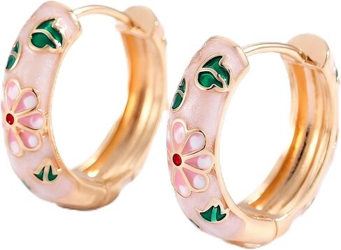 Gorgeous Enamel Flower Huggie Earrings - Beautiful Vintage Cloisonne Jewelry. Outstanding Colorful Floral Hoops, Spring Botanical Accessories Featuring Chunky Gold Tone Drops in Saudi Arabia