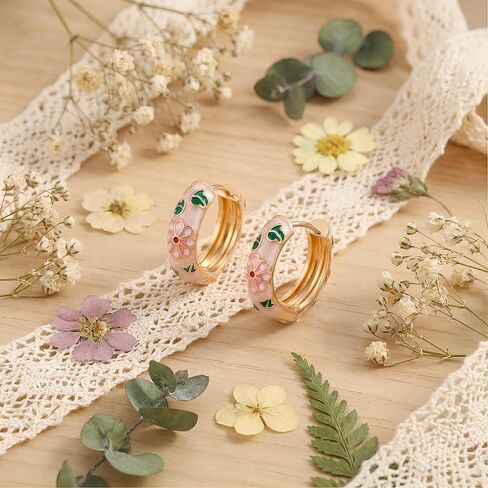 Gorgeous Enamel Flower Huggie Earrings - Beautiful Vintage Cloisonne Jewelry. Outstanding Colorful Floral Hoops, Spring Botanical Accessories Featuring Chunky Gold Tone Drops in Saudi Arabia