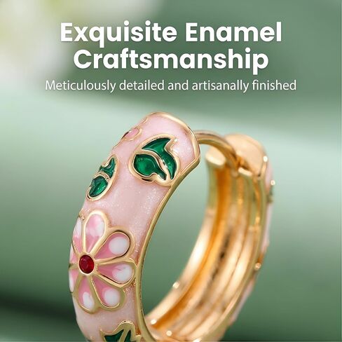 Gorgeous Enamel Flower Huggie Earrings - Beautiful Vintage Cloisonne Jewelry. Outstanding Colorful Floral Hoops, Spring Botanical Accessories Featuring Chunky Gold Tone Drops in Saudi Arabia