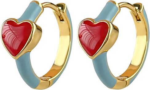 Cute Heart Hoop Earrings for Women Gold-Tone Blue Enamel Hoops with Red Heart Charm, Playful and Romantic Jewelry for Everyday Wear Red Love in Kuwait
