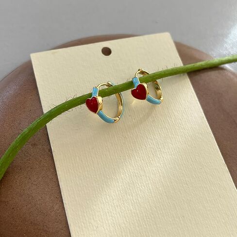 Cute Heart Hoop Earrings for Women Gold-Tone Blue Enamel Hoops with Red Heart Charm, Playful and Romantic Jewelry for Everyday Wear Red Love in Kuwait
