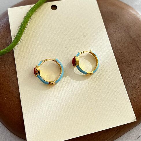 Cute Heart Hoop Earrings for Women Gold-Tone Blue Enamel Hoops with Red Heart Charm, Playful and Romantic Jewelry for Everyday Wear Red Love in Kuwait