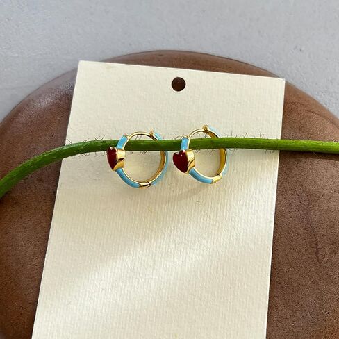 Cute Heart Hoop Earrings for Women Gold-Tone Blue Enamel Hoops with Red Heart Charm, Playful and Romantic Jewelry for Everyday Wear Red Love in Kuwait