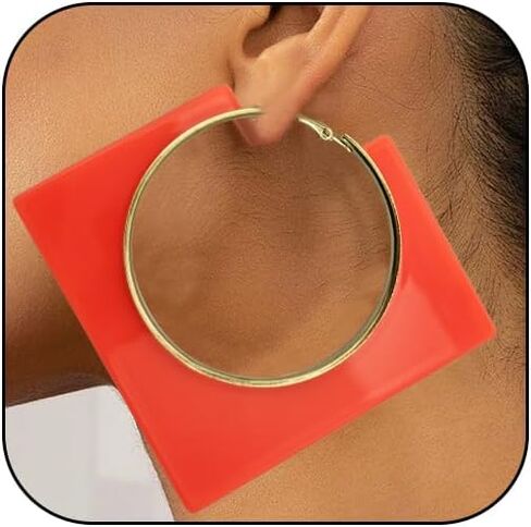 Acrylic Hoop Earrings for Women Large Square Neon Dangle Drop Earrings Statement Geometric Vintage Party Jewelry in Kuwait