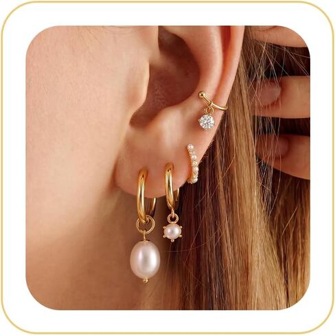 Pearl Earrings Set for Women, Gold Plated Stud Hoop Dangle Earrings | Includes pearl studs, hoops and drop earrings. Lightweight jewelry for weddings, gifting and daily styling. in Saudi Arabia
