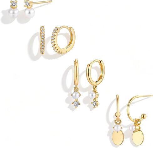 Pearl Earrings Set for Women, Gold Plated Stud Hoop Dangle Earrings | Includes pearl studs, hoops and drop earrings. Lightweight jewelry for weddings, gifting and daily styling. in Saudi Arabia