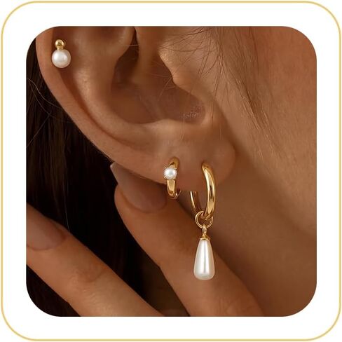 Pearl Earrings Set for Women, Gold Plated Stud Hoop Dangle Earrings | Includes pearl studs, hoops and drop earrings. Lightweight jewelry for weddings, gifting and daily styling. in Saudi Arabia