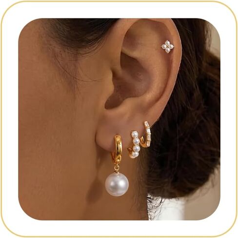 Pearl Earrings Set for Women, Gold Plated Stud Hoop Dangle Earrings | Includes pearl studs, hoops and drop earrings. Lightweight jewelry for weddings, gifting and daily styling. in Saudi Arabia