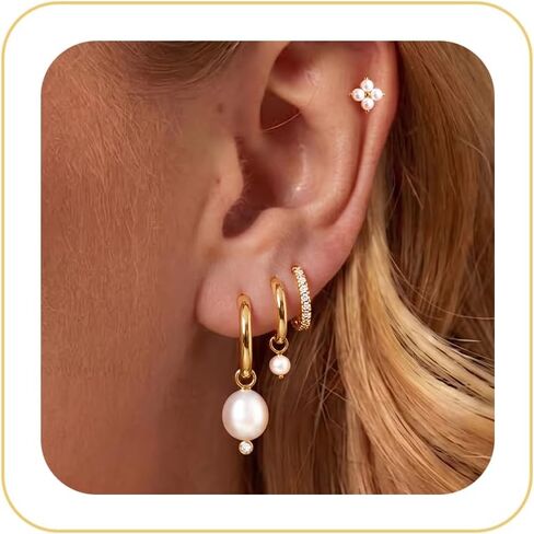 Pearl Earrings Set for Women, Gold Plated Stud Hoop Dangle Earrings | Includes pearl studs, hoops and drop earrings. Lightweight jewelry for weddings, gifting and daily styling. in Saudi Arabia