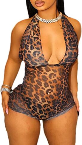 Womens Summer Leopard Print Romper Y2K Sleeveless Halter V Neck Sexy Bodycon Short Jumpsuits Club Outfits in Saudi Arabia