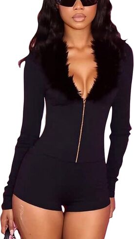 Womens Sexy Faux Fur Romper Deep V Neck Buckle Long Sleeve Shorts Jumpsuit Y2K Bodycon Club Outfit Going Out in Saudi Arabia