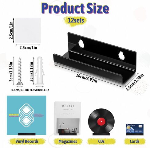 12Pcs Vinyl Record Wall Mount Shelves, 4 Inch Black Acrylic Album Display Shelf Durable Floating Wall Shelves for Record Storage, Album Display, Bookshelf, Picture for Study Room, Living Room in Saudi Arabia