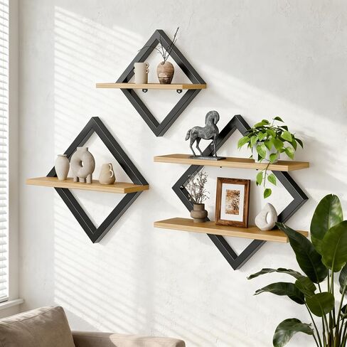 Set of 3 Floating Shelves for Wall - 2-Tier Diamond Shape Hanging Wall Mounted Shelves, Decorative Wall Shelves for Living Room, Bedroom, Bathroom & Kitchen, Rustic Brown (3) in Saudi Arabia