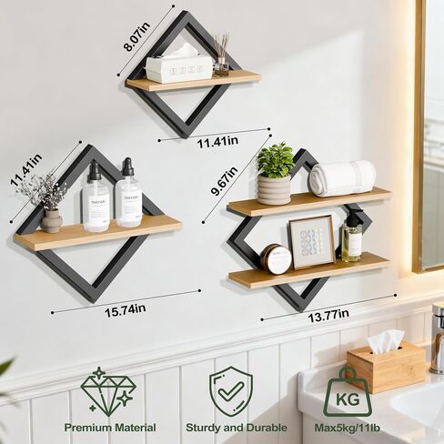 Set of 3 Floating Shelves for Wall - 2-Tier Diamond Shape Hanging Wall Mounted Shelves, Decorative Wall Shelves for Living Room, Bedroom, Bathroom & Kitchen, Rustic Brown (3) in Saudi Arabia