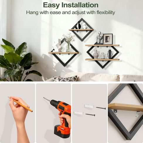 Set of 3 Floating Shelves for Wall - 2-Tier Diamond Shape Hanging Wall Mounted Shelves, Decorative Wall Shelves for Living Room, Bedroom, Bathroom & Kitchen, Rustic Brown (3) in Saudi Arabia