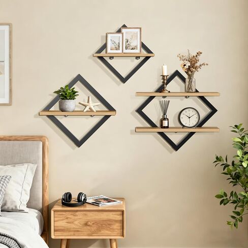 Set of 3 Floating Shelves for Wall - 2-Tier Diamond Shape Hanging Wall Mounted Shelves, Decorative Wall Shelves for Living Room, Bedroom, Bathroom & Kitchen, Rustic Brown (3) in Saudi Arabia