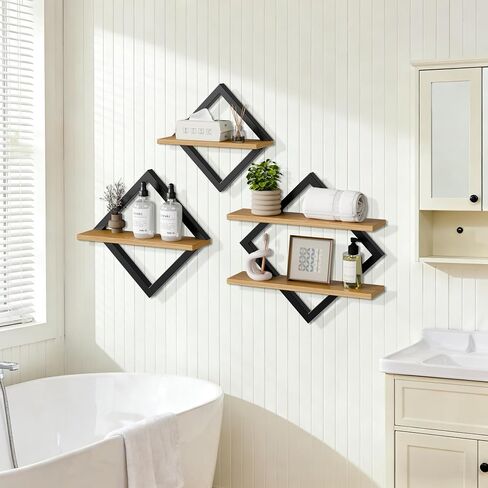 Set of 3 Floating Shelves for Wall - 2-Tier Diamond Shape Hanging Wall Mounted Shelves, Decorative Wall Shelves for Living Room, Bedroom, Bathroom & Kitchen, Rustic Brown (3) in Saudi Arabia