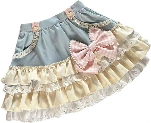 Pokn Jean Mini Skirt Cutecore Preppy Lolita Kawaii Harajuku Y2K Denim Skirt Lace Cake Clothes in Kuwait