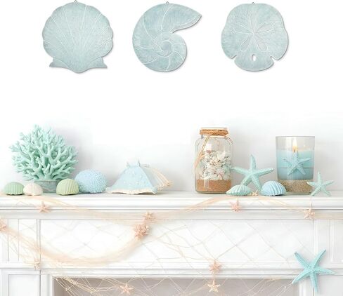 Novabright 3 Pcs Summer Coastal Wall Decor Blue Beach Wall Art Wooden Sand Dollar Nautilus Scallop Shell Decor Hanging Wood Beach Ocean Sand Dollars Art for Bathroom Living Room Lake House Entryway in Kuwait