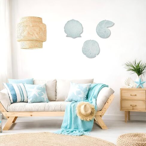 Novabright 3 Pcs Summer Coastal Wall Decor Blue Beach Wall Art Wooden Sand Dollar Nautilus Scallop Shell Decor Hanging Wood Beach Ocean Sand Dollars Art for Bathroom Living Room Lake House Entryway in Kuwait