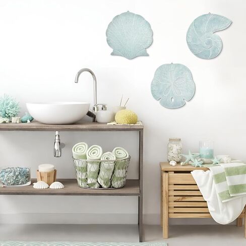 Novabright 3 Pcs Summer Coastal Wall Decor Blue Beach Wall Art Wooden Sand Dollar Nautilus Scallop Shell Decor Hanging Wood Beach Ocean Sand Dollars Art for Bathroom Living Room Lake House Entryway in Kuwait