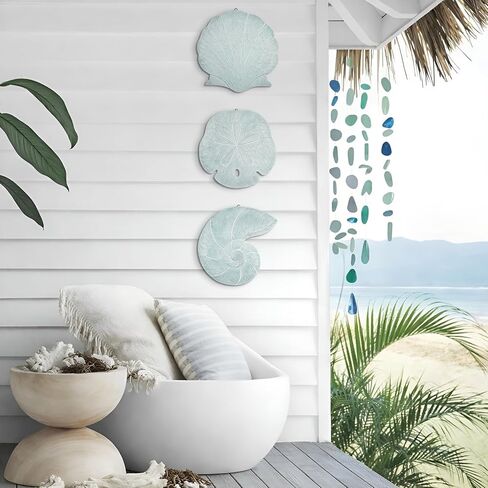 Novabright 3 Pcs Summer Coastal Wall Decor Blue Beach Wall Art Wooden Sand Dollar Nautilus Scallop Shell Decor Hanging Wood Beach Ocean Sand Dollars Art for Bathroom Living Room Lake House Entryway in Kuwait