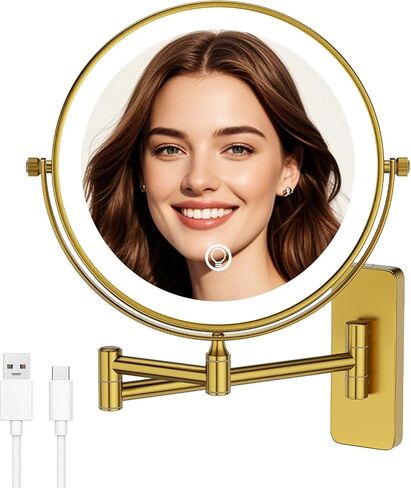 GURUN 8" Wall Mounted Makeup Mirror,Magnifying Dual-Side Mirror,| 360° Rotation & Extended Arm Bathroom Mirror| 14" L x 14" W Retro Gold-led Light 7X M1406DGJ(8",7X) in Saudi Arabia