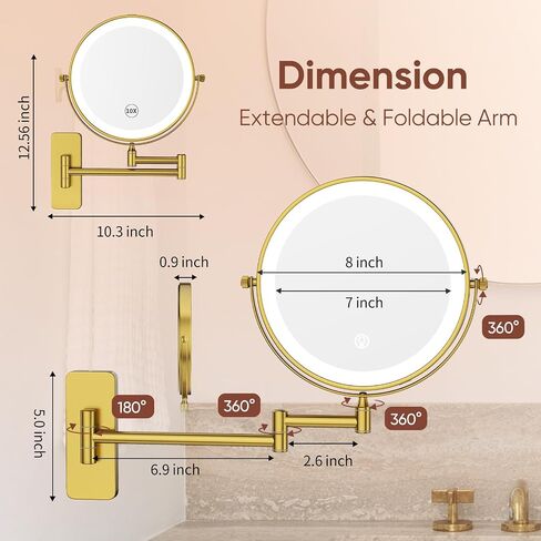 GURUN 8" Wall Mounted Makeup Mirror,Magnifying Dual-Side Mirror,| 360° Rotation & Extended Arm Bathroom Mirror| 14" L x 14" W Retro Gold-led Light 7X M1406DGJ(8",7X) in Saudi Arabia