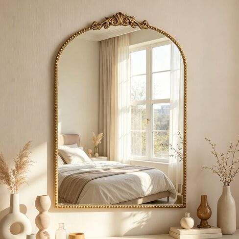FSCHOS 24"×36" Arched Gold Wall Mirror, Vintage Ornate Decorative Mirror with Antique Metal Frame, Large Accent for Bedroom, Living Room, Entryway in Kuwait