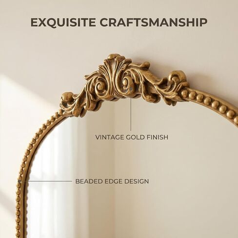 FSCHOS 24"×36" Arched Gold Wall Mirror, Vintage Ornate Decorative Mirror with Antique Metal Frame, Large Accent for Bedroom, Living Room, Entryway in Kuwait