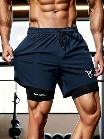Mens Gym Shorts with Liner, Athletic Running Shorts,2 in 1 Lightweight Workout Short with Pockets for Training Basketball in Kuwait