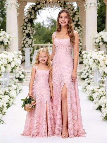 Wedding Junior Bridesmaid Dresses for Teen Girls Jacquard Floor Length Lilac Mini Quinceanera Ball Gown Slit Girls Formal Dress Flower Girl Dress Size 12 in Kuwait