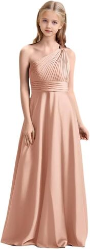 Girls One Shoulder Satin Junior Bridesmaid Dress A-line Floor Length Pageant Party Wedding Flower Girl Dresses in Kuwait
