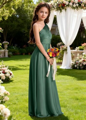 Girls One Shoulder Satin Junior Bridesmaid Dress A-line Floor Length Pageant Party Wedding Flower Girl Dresses in Saudi Arabia