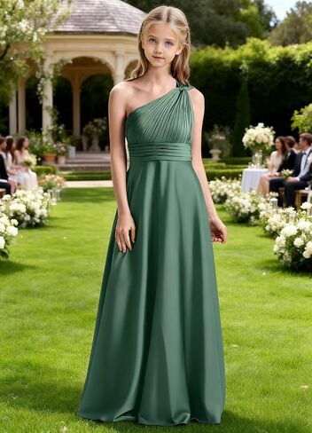 Girls One Shoulder Satin Junior Bridesmaid Dress A-line Floor Length Pageant Party Wedding Flower Girl Dresses in Saudi Arabia