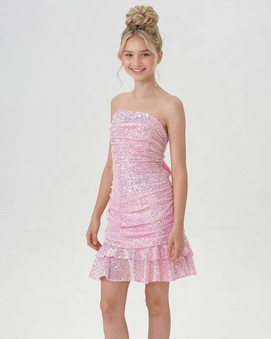 2Bunnies Tween Teen Sequin Strapless Tie Back Bow Ruched Bodycon Mini Party Dress in Saudi Arabia