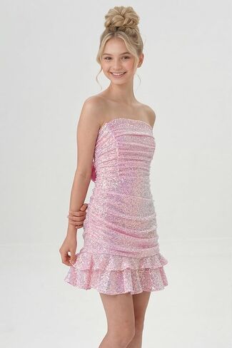 2Bunnies Tween Teen Sequin Strapless Tie Back Bow Ruched Bodycon Mini Party Dress in Saudi Arabia