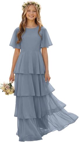 Tiered Junior Bridesmaid Dresses Short Sleeve Chiffon Flower Girl Dress for Wedding Girls Formal Dress in Saudi Arabia
