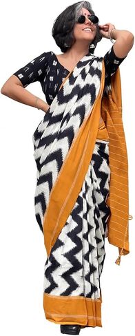 Women’s Soft Pure Cotton Ikat Print Saree – Black & White Zigzag Design With Mustard Border | Printed Sarees With Blouse Piece in Kuwait