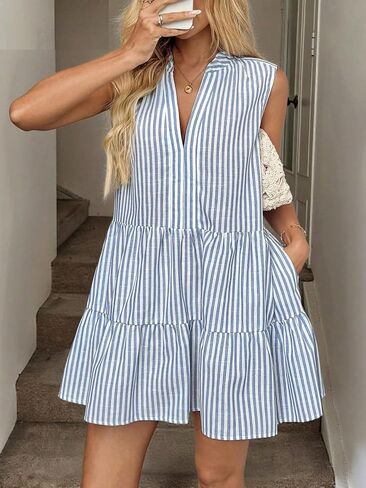 Women Stripe Sleeveless Tiered Dress V-Neck Shirt Dress Casual Fresh for Brunch in Kuwait