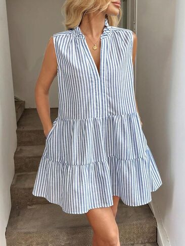 Women Stripe Sleeveless Tiered Dress V-Neck Shirt Dress Casual Fresh for Brunch in Kuwait