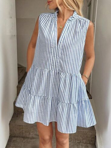 Women Stripe Sleeveless Tiered Dress V-Neck Shirt Dress Casual Fresh for Brunch in Kuwait