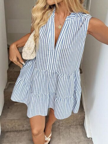 Women Stripe Sleeveless Tiered Dress V-Neck Shirt Dress Casual Fresh for Brunch in Kuwait