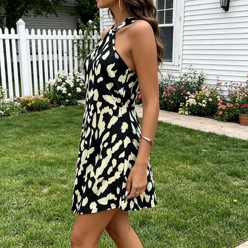Women's Leopard Print Halter Neck Mini Dress, Sleeveless Casual A-Line Swing Dress in Kuwait