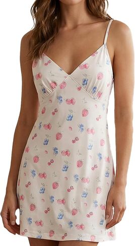 Women's Cute Fruit Print Boho Mini Cami Dress Beach Sundress with Thin Straps Over-The-Knee Pajamas in Saudi Arabia