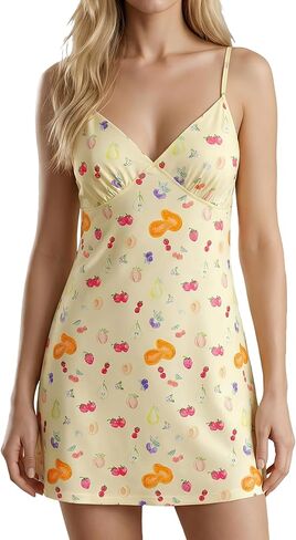 Women's Cute Fruit Print Boho Mini Cami Dress Beach Sundress with Thin Straps Over-The-Knee Pajamas in Saudi Arabia