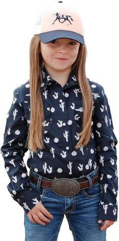 Cruel Girl Girls' Long Sleeve Western Navy Print Snap Shirt in Kuwait