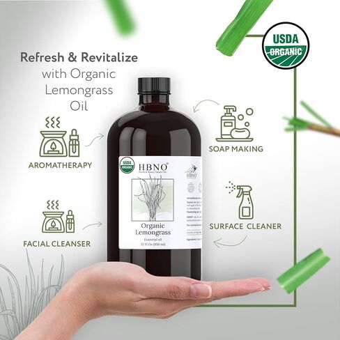 HBNO Organic Lemongrass Essential Oil - 32 oz (950ml) Large Size - Ideal for Shampoos, Conditioners, Mouth Washes, Face wash, Lotions, and Skin Care Products. in Kuwait