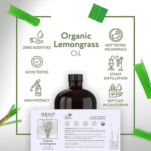 HBNO Organic Lemongrass Essential Oil - 32 oz (950ml) Large Size - Ideal for Shampoos, Conditioners, Mouth Washes, Face wash, Lotions, and Skin Care Products. in Kuwait